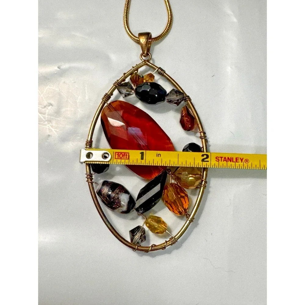 Gold‎ Tone Snake Chain Necklace Amber Multi Bead Wire Wrapped Oval Pendant
